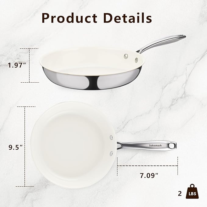 9.5" Tri-Ply Stainless Steel Frying Pan, Nonstick Ceramic Pan, Skillet with Stay-Cool Handle, Non Toxic, PFAS PFOA PTFE Free, Dishwasher & Oven Safe, Induction, Compatible with All Cooktops