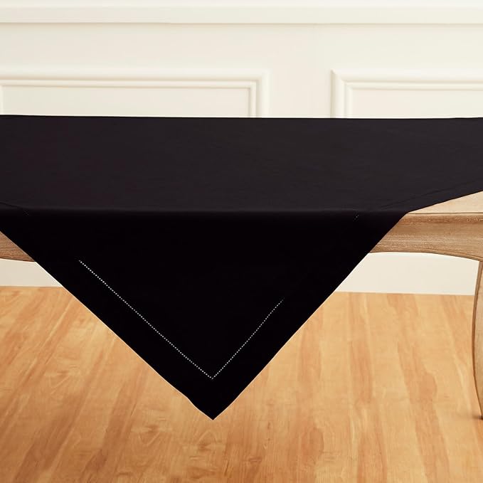 Solino Home Black Linen Tablecloth 52 x 52 Inch - 100% Pure Linen Square Table Throw - Classic Hemstitch, Machine Washable Table Cloth for Summer, Fall, Autumn, Halloween