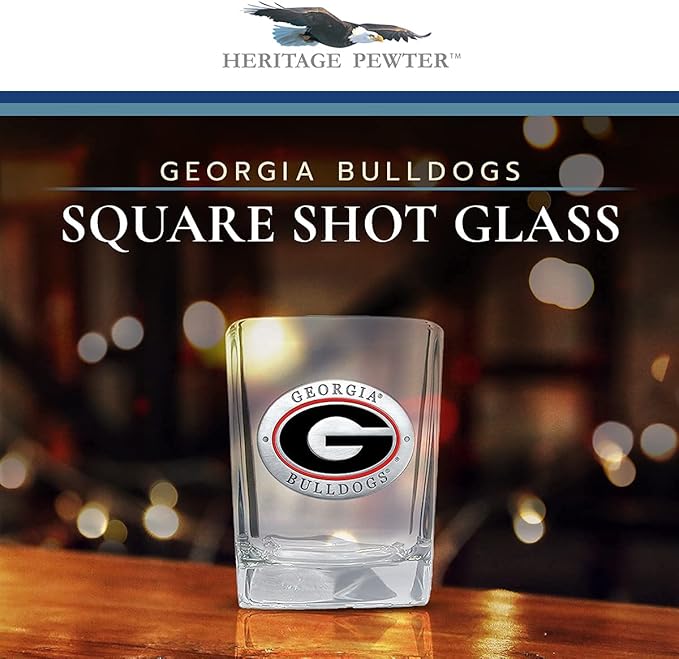 Heritage Pewter University of Georgia Square Shot Glass | Hand-Sculpted 1.5 Ounce Shot Glass | Intricately Crafted Metal Pewter Alma Mater Inlay
