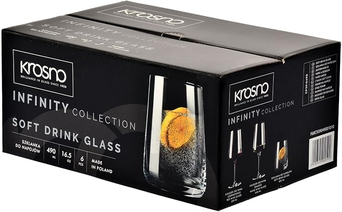 Krosno Water Glasses, Set of 6, 16.6 fl oz, Water Drinks Juice, Infinity Collection, Lead-Free Lightweight Glass, Everyday Drinking Glass, Dishwasher Safe, Made in Europe