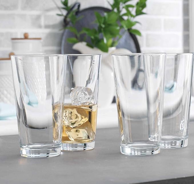 Drinking Glasses Set of 4 Highball Glass Cups 17 oz by Home Essentials Water Colins Cooler Beverage Glassware. For the Bar, Beer, Juice, Iced Tea, and Cocktails. Dishwasher Safe.