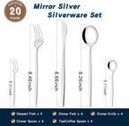 Mirror Modern Flatware Set for 4, 20-Piece Stainless Steel Silverware Set, LaienLife Unique Utensils with Long Forks Spoons and Knives Sets, Great for Home and Restaurant, Dishwasher Safe - Silver