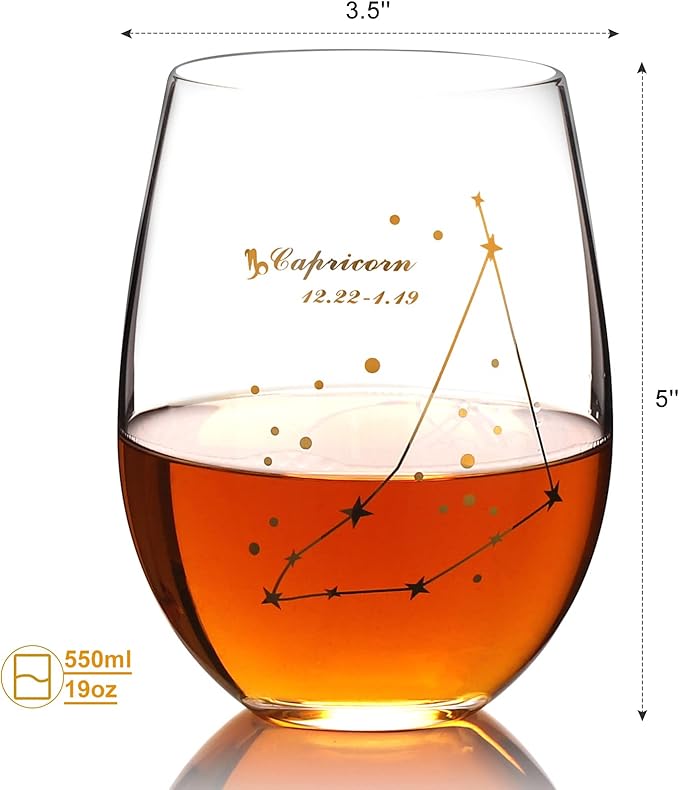 HOHY Capricorn Wine Glass - 20oz Golden, Stemless Zodiac Sign Constellation Glass, Astrology Gift for Women & Men