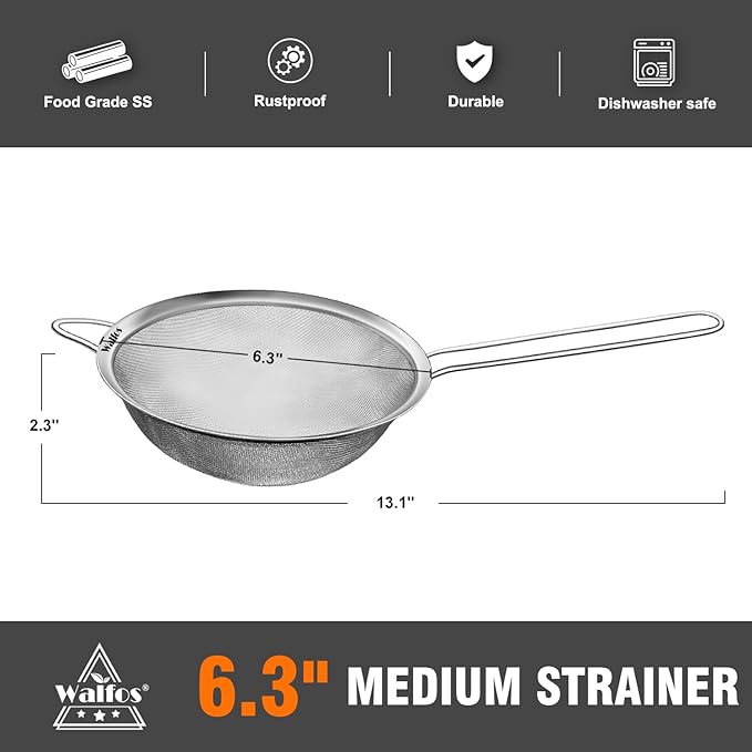 Walfos 6.3 Inch Fine Mesh Strainer, Premium Stainless Steel Sieve and Sifter with Handle, Kitchen Metal Strainers for Rice, Quinoa, Fruits, Noodles, Flour
