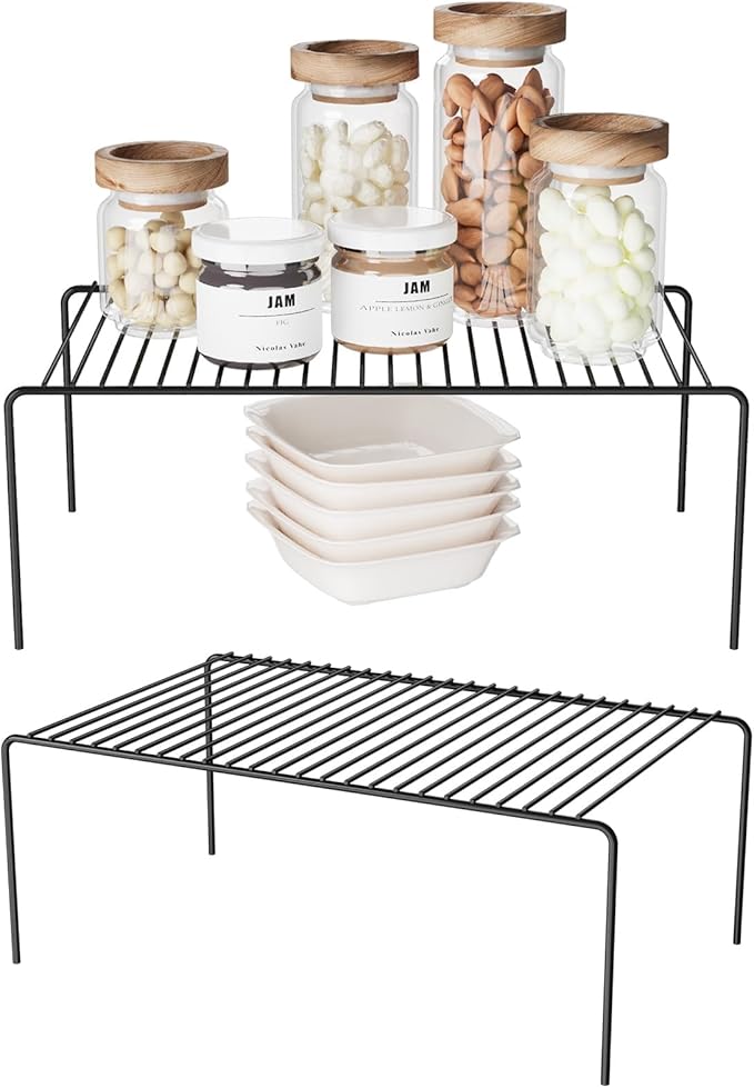 Medium(13 x 9.4 inch)Black Cabinet Storage Shelf Rack Set of 2, Rustproof Metal Wire Kitchen Counter Organizers and Storage, Spice Organization for Cabinet, Plate, Dish, Pantry, Bathroom, Fridge