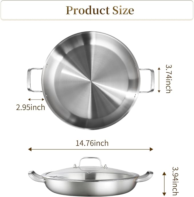 DELARLO Paella Pan 14 Inch Tri-Ply Stainless Steel Paella Pan with Lid, Jumbo Frying Pan, kitchen Induction Large Skillets,Great for Paella Parties Indoors Outdoors,Heavy Duty Style