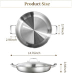 DELARLO Paella Pan 14 Inch Tri-Ply Stainless Steel Paella Pan with Lid, Jumbo Frying Pan, kitchen Induction Large Skillets,Great for Paella Parties Indoors Outdoors,Heavy Duty Style