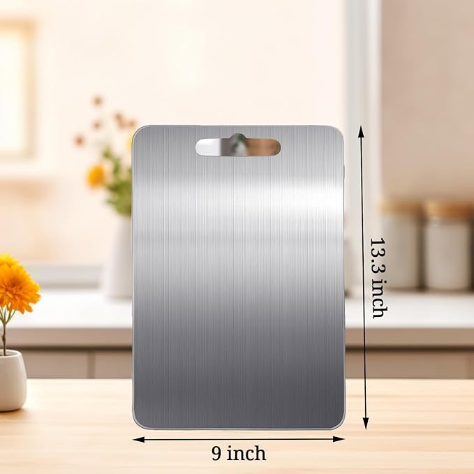 Titanium Cutting Boards for Kitchen Double Sided Pure Titanium Cutting Board with Handle, Suitable for Meat, Vegetables, and Fruits，Metal Cutting Board Lightweight and Easy to Clean (13.3 x 9)