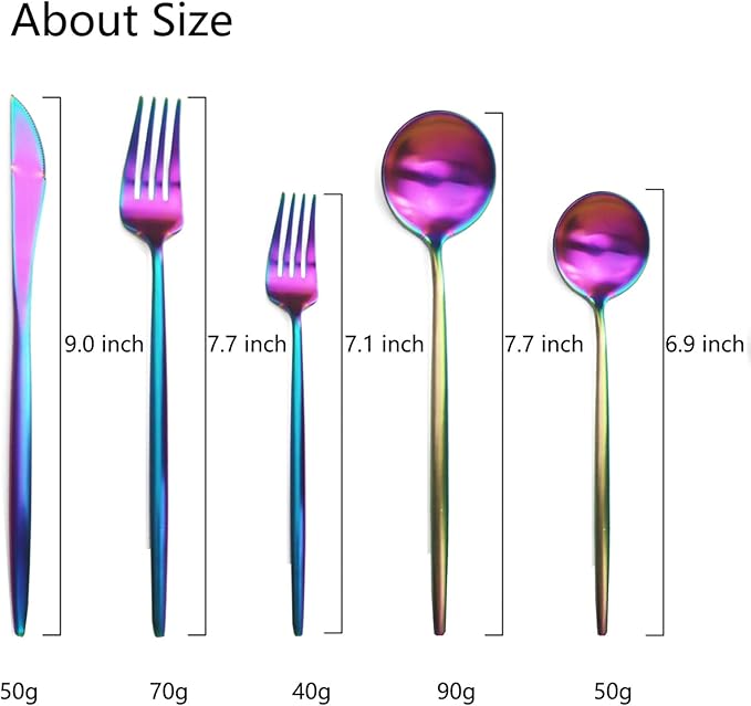 JASHII Luxury 18/10 Rainbow Flatware Set - 304 Stainless Steel Colorful Cutlery - 5-Piece Adaline Royal Modern Satin Finish for Birthday, Wedding (Matte)