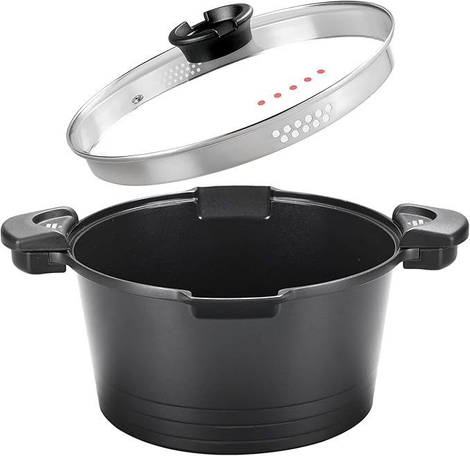 ACTIV CUISINE 5qt Pasta Pot with Strainer Lid, Cast Aluminum Stockpot Multipot, Nonstick Ceramic Coating make Cleanup easy with Tempered Glass Lid, Dishwasher Safe, Induction, Black