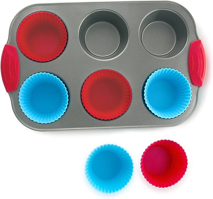 Boxiki Kitchen Non-Stick Steel 6 Cup Muffin Pan with Silicone Handles and Reusable Liners - Perfect for Baking Large Muffins and Cupcakes