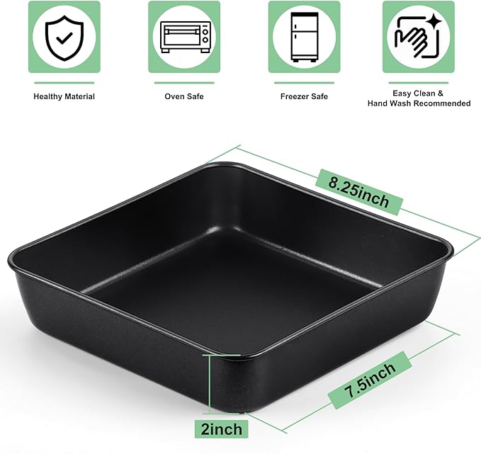 TeamFar Square Baking Pan, 8 inch Coated Square Cake Brownie Lasagna Pan with Stainless Steel Core & Non Stick Coating, for Baking Roasting Serving, Non-Toxic & Oven Safe, One Piece Design & Deep Wall