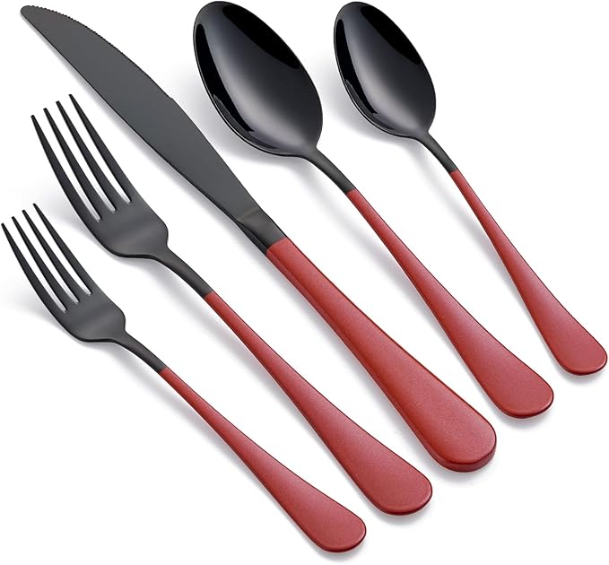 20-Piece Red Silverware Set 18/0 Stainless Steel Black Silverware Set Red Handle Cutlery Black Set Service for 4 Dinner Knives Forks Spoons Set Black Flatware SetFinish Dishwasher Safe