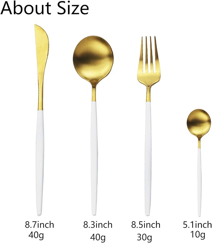 JASHII Silverware Set, 24-Piece Stainless Steel Flatware Set,Kitchen Utensil Set Service for 6,Tableware Cutlery Set for Home, Dishwasher Safe (Matte White handle gold)