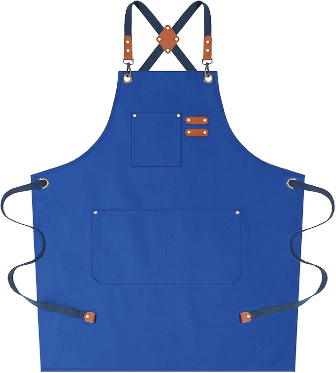 AFUN Chef Aprons for Women Men with Large Pockets, Cotton Canvas Cross Back Water Repellent Work Apron, Size M to XXL (Royalblue)
