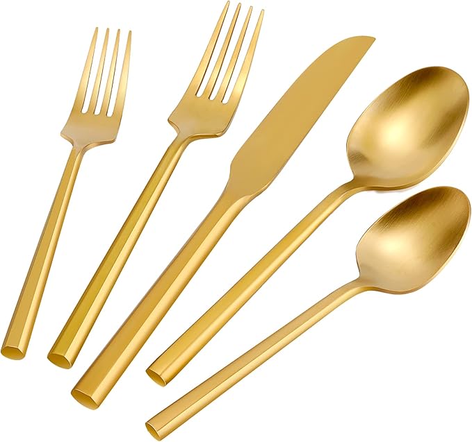 DEACORY Silverware Set Flatware Set Matte Gold Cutlery Set Heavy Hexagon Handle Stainless Steel 60 Pieces Dishwasher Safe Service for 12