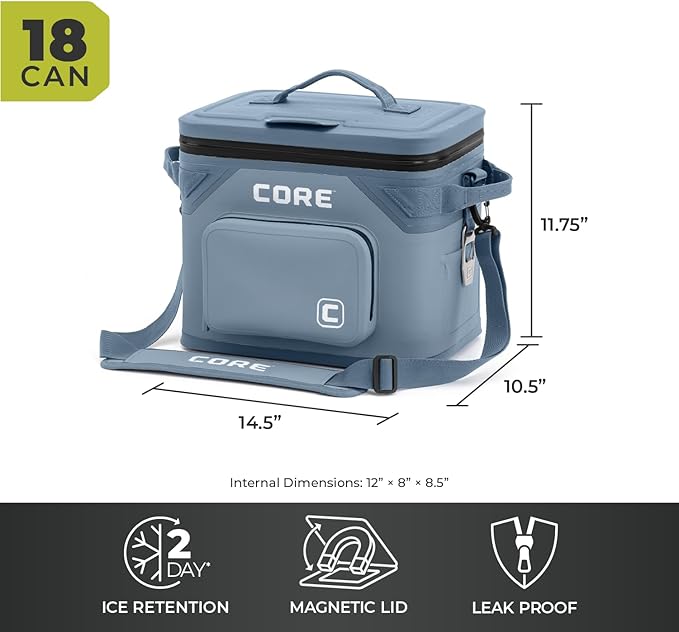 CORE Magnetic Leak Proof Soft Cooler with Waterproof Zipper | Insulated Bag Portable Ice Chest Box | Best Soft Cooler for Food & Beverages for Tailgating, Car Camping, Travel, and Family Beach Picnics