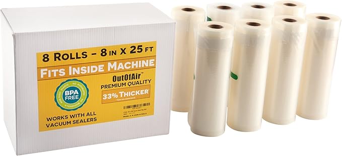 8" x 25' Rolls (Fits Inside Machine) - BULK 8 Pack (200 ft total) OutOfAir Vacuum Sealer Rolls Works With FoodSaver & Other Machines, 33% Thicker BPA Free Sous Vide Commercial Grade Bags