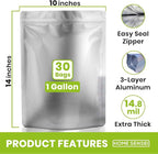 30 Mylar Bags for Food Storage 1 Gallon - Extra Thick 15 Mil - Long Term & Food Grade - Mylar Bags with Oxygen Absorbers 400cc- Zipper, Resealable, Stand-up Gousset - Bolsas Mylar con Abosrbentes