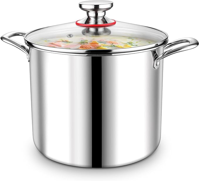 P&P CHEF 10 Quart Tri-Ply Stainless Steel Stockpot, Stock Pot with Visible Lid for Soup Pasta Vegetable, Induction Cooking Pot for All Stoves, Sturdy & Double Handle, Dishwasher Safe