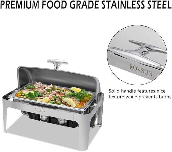 ROVSUN Chafing Dish Buffet Set, 9 Quart Roll Top Stainless Steel Chafer, NSF Rectangular Set with Food Pan, Water Pan and Fuel Holders, for Wedding, Parties, Banquet, Catering Events