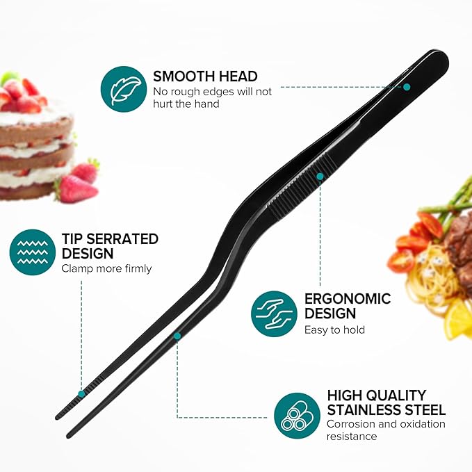 Kitchen Tweezer Tongs Set,6 Pcs Kitchen Tweezers,6.3" Cooking Tweezers Set,Stainless-Steel Food Chef Culinary Tweezers Tongs for Baking Decorating Feeding Plating,Black