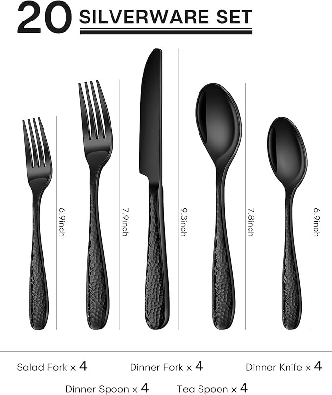 Hammered Silverware Set, Ollex 20PCS Black Flatware Set for 4 Stainless Steel Eating Utensils Sets Mirror Finish Include Forks Spoons and Knives Tableware Kitchen Cutlery Sets, Dishwasher Safe