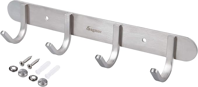 Coat Hook Rack Brushed Nickel 10.6-Inch Coat&Towel Hook Rail Wall Mounted with 4 Hooks, Durable Wall Hangers for Bedroom, Bathroom, Foyer, Hallway (SUS304 Stainless Steel)