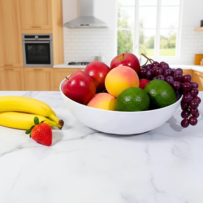 TP Melamine Salad Bowl with Utensils, 12-Inch Large Serving Bowl for Fruits Snacks Pasta, White