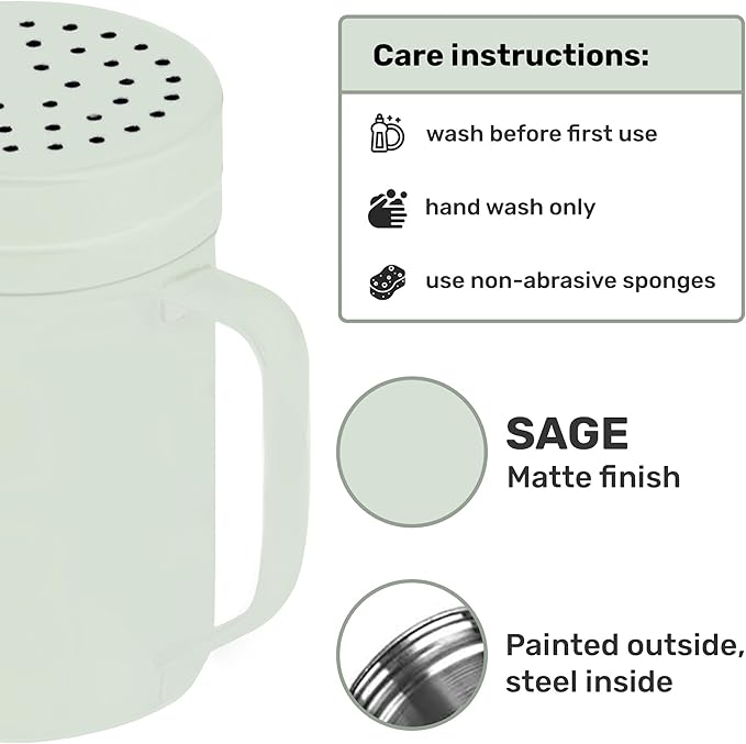CUSINIUM 14oz Sage Stainless Steel Salt Pepper Dredge Shakers - With Plastic Cap - With Handle - Pack of 2