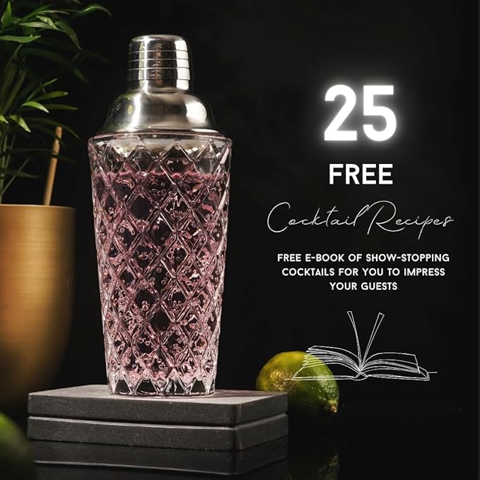 Silver Cocktail Shaker Set - 5 Piece Martini Shaker Set with Strainer, Jigger, Spoon & Muddler - 16oz Glass Cocktail Shaker Set - Ideal Gift for Home Bar & Drink Trolley Décor