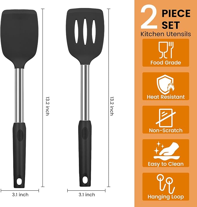 Silicone Spatulas Turners, Solid & Slotted Silicone Spatula Set, Non Stick Turners,Ailsoes Heat Resistant BPA Free Rubber Spatulas for Fish, Eggs, Pancakes, WOK，2 Pack (Black)