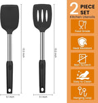 Silicone Spatulas Turners, Solid & Slotted Silicone Spatula Set, Non Stick Turners,Ailsoes Heat Resistant BPA Free Rubber Spatulas for Fish, Eggs, Pancakes, WOK，2 Pack (Black)