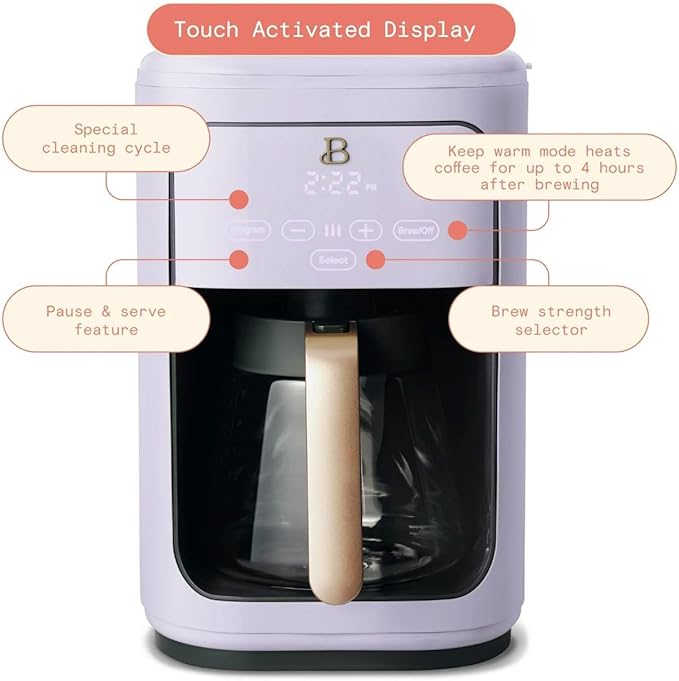 Beautiful Coffee Maker, 14-Cup, Touch Display, Programmable, 1200W, Stainless Steel, Keep Warm, 24h Timer dishwasher-safe (LAVENDER)