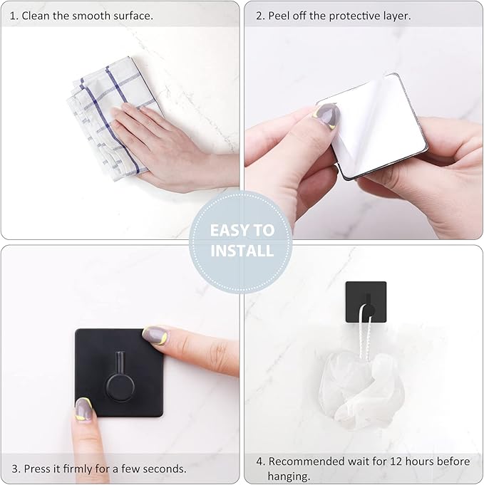 VIS'V Adhesive Towel Hooks, Waterproof Shower Wall Stick on Hooks, 2 Extra Adhesive Strips, Black, 4 Pcs