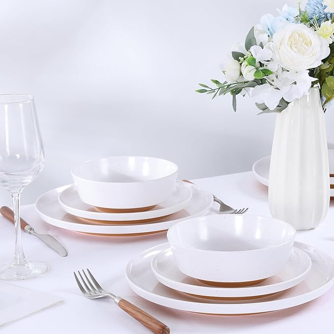Webbylee 12-Piece Melamine Dinnerware Set - Unbreakable Plates & Bowls Set for 4, BPA-Free Lightweight Kitchen Dishes Idear for Camping, Picnic, Party,White & Brown