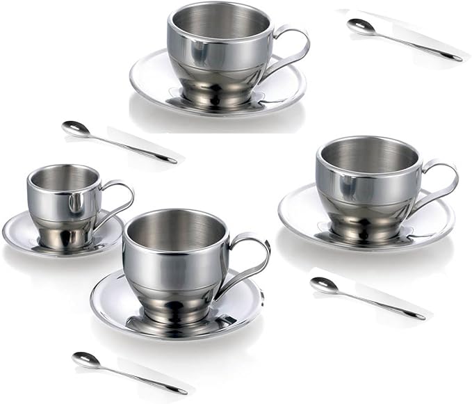 Jasni Stainless Steel Coffee Cup Coffee Mugs Espresso Cups and Great Cappuccino Cups with Spoon and Saucer Gift Idea for Coffee and Tea Lovers (4)