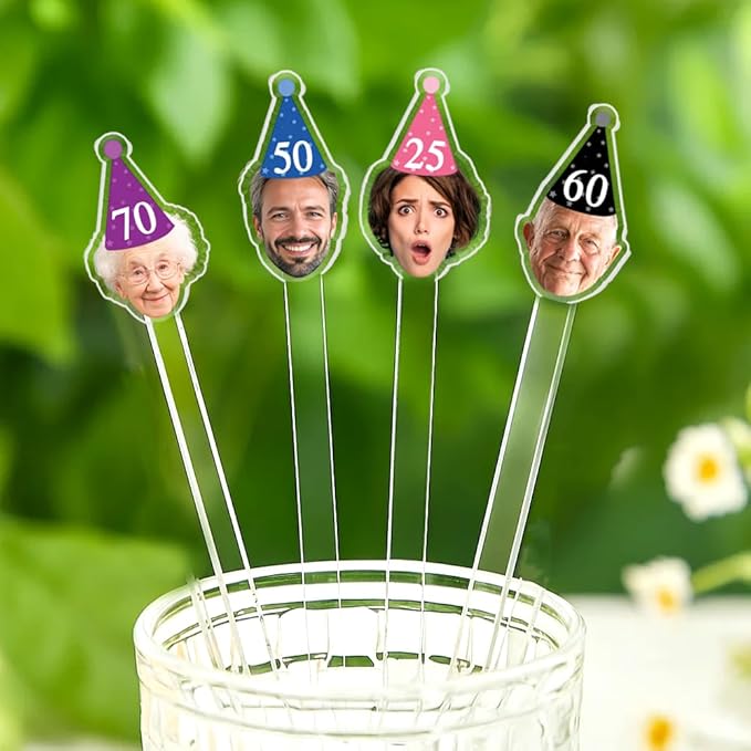 50 Pcs Personalized Drink Stirrers with Photo Face, Custom Face Cutout Party, 50th 60th 70th 80th 90th Birthday Stir Sticks, Decor for Birthday, Retirement, Graduation Parties