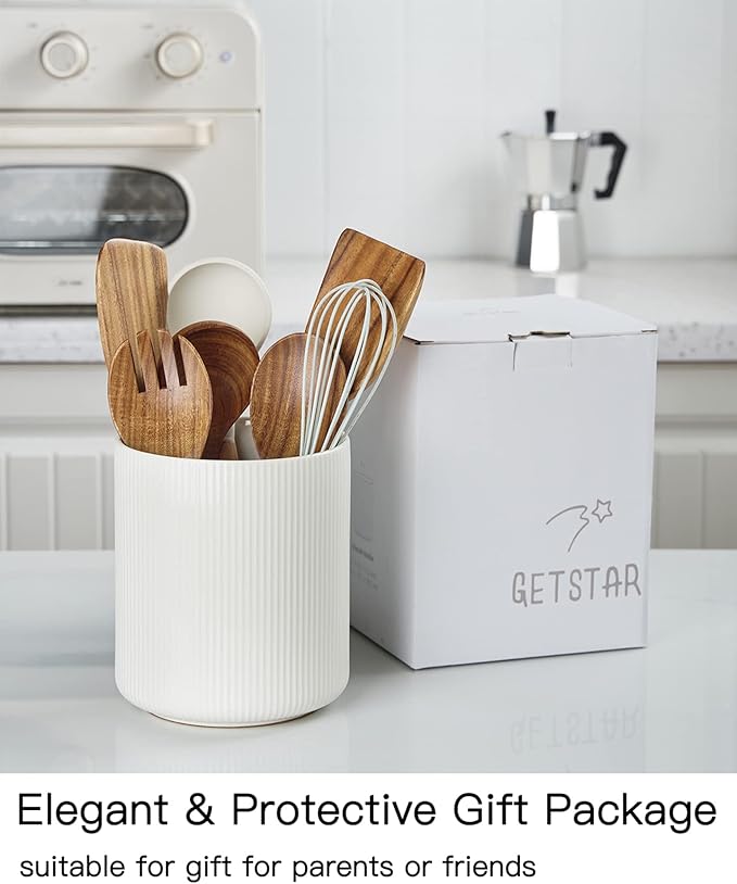getstar Large Kitchen Utensil Holder for Kitchen Counter (H7.2” x W6.2”), Ceramic Cooking Utensil Holder with Cork Mat (White, Utensils Not Included)