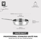 BRA COOKWARE Signature Sauté Pan w/Glass Lid | 11 inches - 4 quarts Professional Low Casserole | Stainless Steel Sauté Pan | All Stovetop Compatible - Full Induction | PFOA Free | Polished Finish