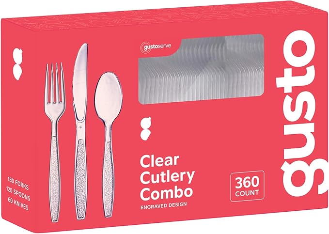 GUSTO [360 Combo Box] Clear Plastic Silverware, Heavy Weight Disposable Utensils - 180 Forks, 120 Spoons, 60 Knives, Perfect for Wedding, Parties and Events - (Formerly Comfy Package)