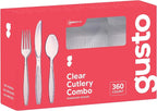 GUSTO [360 Combo Box] Clear Plastic Silverware, Heavy Weight Disposable Utensils - 180 Forks, 120 Spoons, 60 Knives, Perfect for Wedding, Parties and Events - (Formerly Comfy Package)