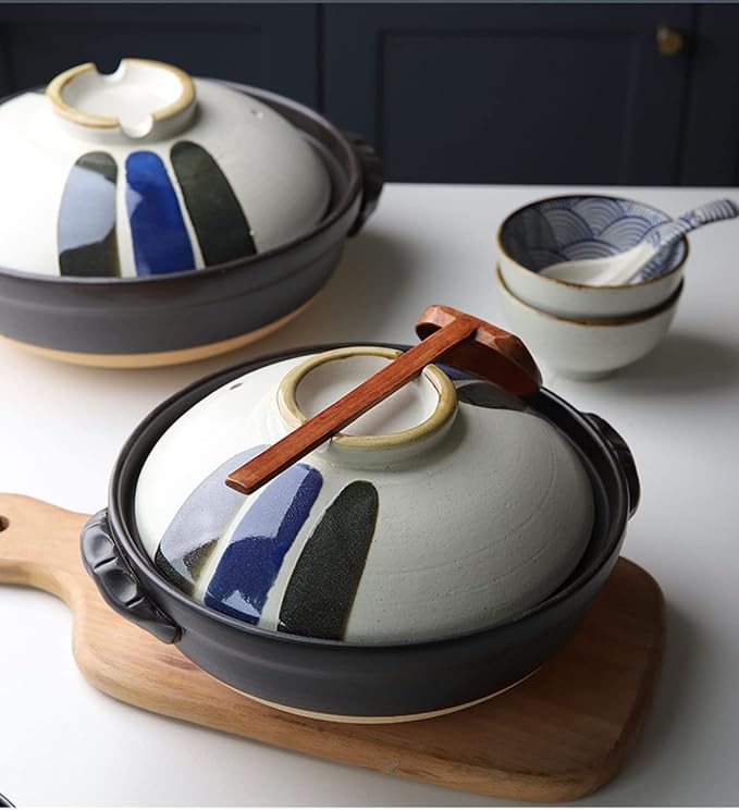 Japanese Ceramic Hot Pot Ceramic Stockpot Clay Cooking Pot Cookware Stovetop, Heat Resistant Casserole with Lid,Small Round Earthenware Clay Pot,Rice Cooker for Stew Soup Noodles,2.2l