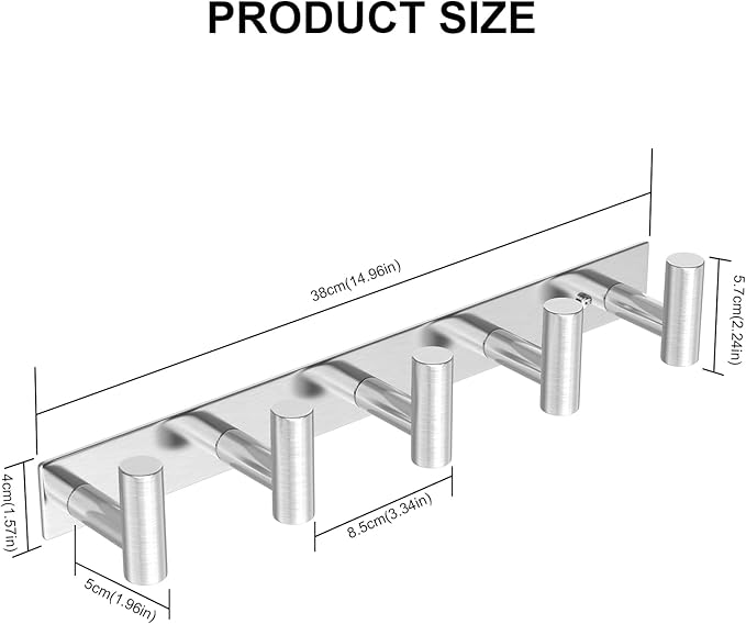 VAEHOLD Silvery Hat and Coat Wall Mount Rack - 5 Hooks for Robes, Bags, Keys, and Towels - Bathroom Towel Hanger Organizer (1 Pack)