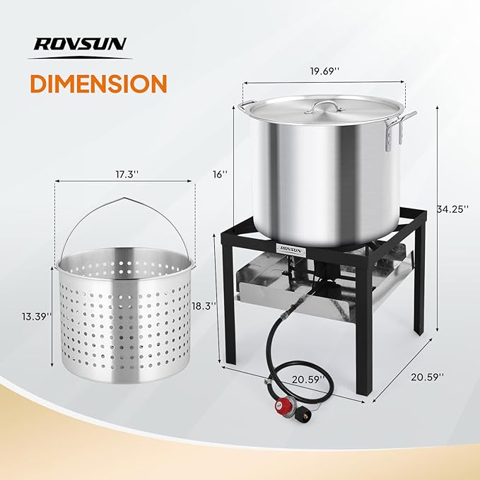 ROVSUN 80QT Turkey Fryer with Aluminum Boiler Steamer Basket & 150,000BTU Propane Burner, Outdoor Gas Deep Fryer & Seafood Crawfish Boil Pot Set with High Pressure Propane Regulator and Hose