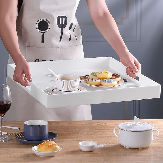 White Acrylic Ottoman Tray with Cutout Handles 24x24 Inch Over-Sized Serving Tray Rubber Boot Organizer Decorative Tray for Living Room, Bedroom,Bathroom Entryway and Kitchen Tabletop