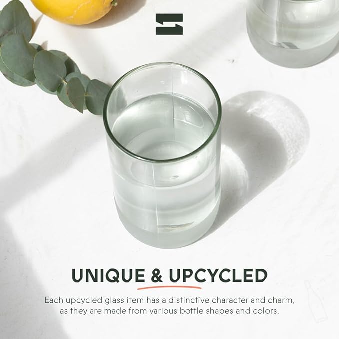 IWAS Upcycled Tall Clear Drinking Glasses | 350 ML | 12 OZ | Set of 6 | Sustainable Water and Cocktail Glasses For Home | Environmentally Friendly
