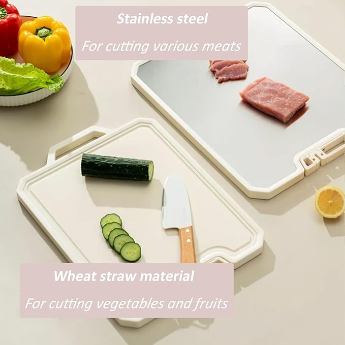 Large Cutting Boards Double Sided, 16.3'' x 12.5'' 304 Stainless Steel Cutting Board for Kitchen, Food-Grade Wheat Straw PP Large Chopping Board, Chopping Boards for Kitchen