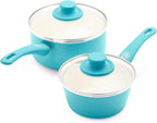 GreenLife Soft Grip 1QT and 2QT Saucepan Set, Healthy Ceramic Nonstick, Non Toxic PFAS & PFOA-Free, Dishwasher Safe, Glass Lids, Stay-Cool Handles, Easy Clean Cookware, Kitchen Essentials, Bright Blue