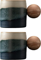 2-Oz Ceramic Espresso Cups with Wood Handle, 2/4-Piece Set for Coffee, Tea, Latte - Dishwasher Safe, Multi-Color & Wood Styles, Gift & Café Use (Kiln turning blue, Round Handle2)